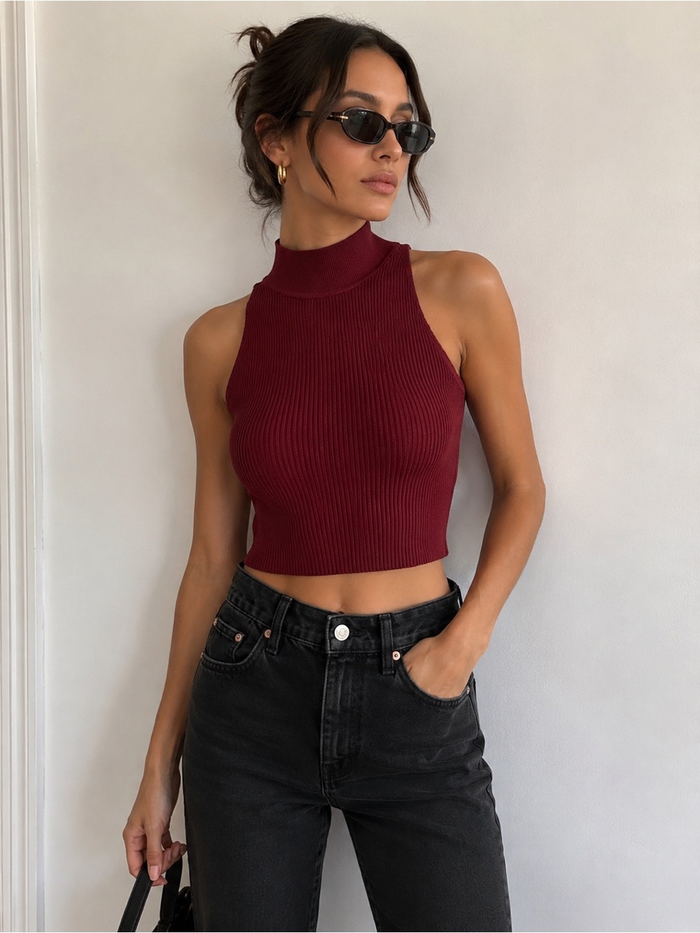 Babaton by Aritzia S Burgundy Stretch Cropped Mock Neck Ribbed Knit Top luxury